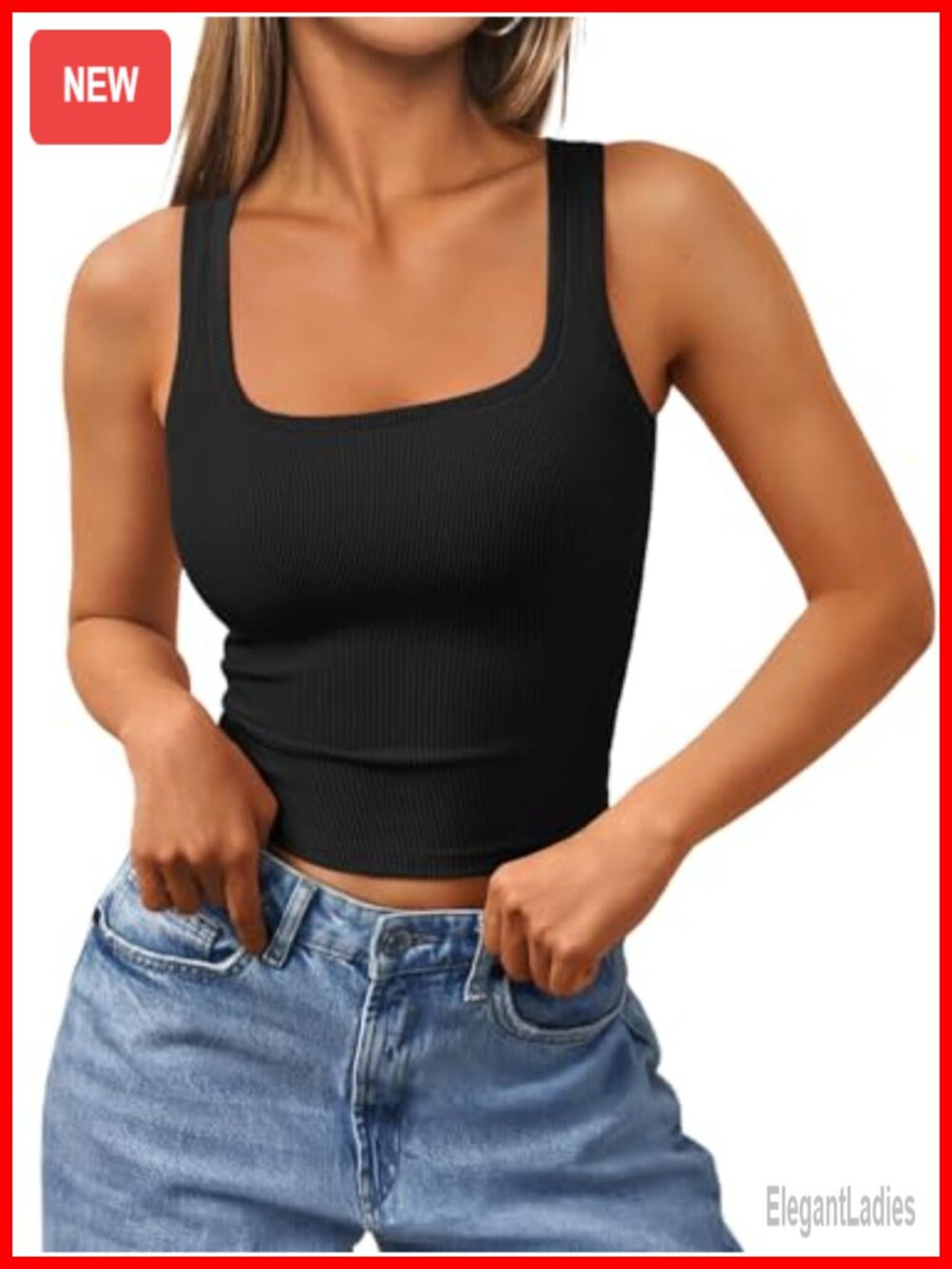 Ribbed Square Neck Cropped Tank Top Sleeveless Stretch Summer Basic